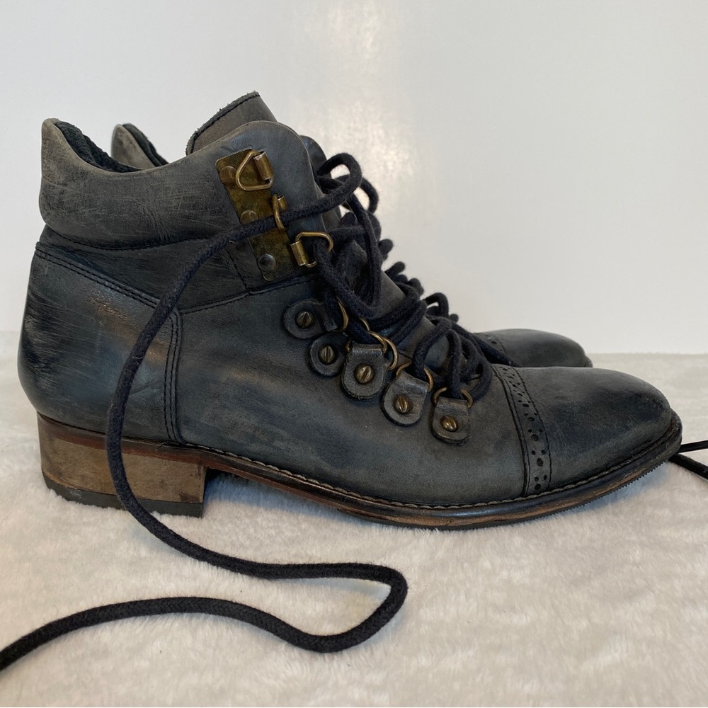 Free People Charcoal Gray Lace Up Leather Boots Size 37 US 7 Distressed Boho